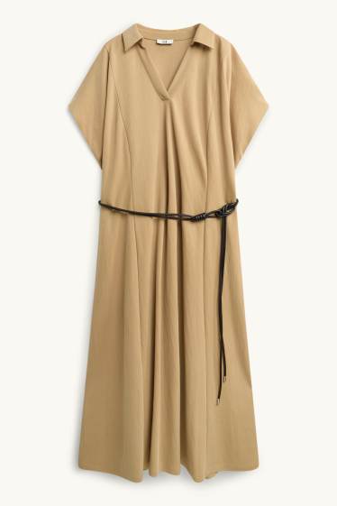 Damen - Fit & Flare Kleid mit Gürtel und V-Ausschnitt - beige