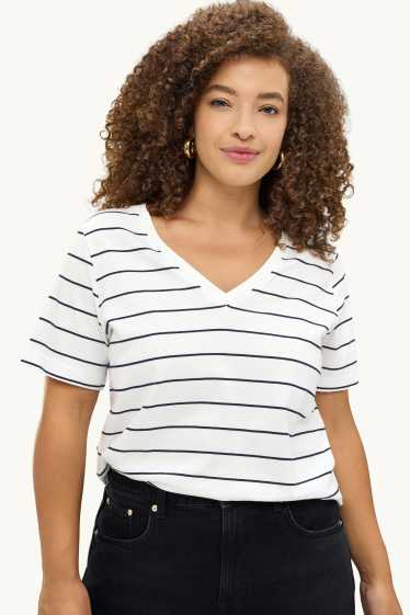 Femmes - T-shirt à col V - regular fit - à rayures - blanc / noir