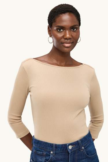 Kobiety - Koszulka z długim rękawem - slim fit - w prążki - nugatowy