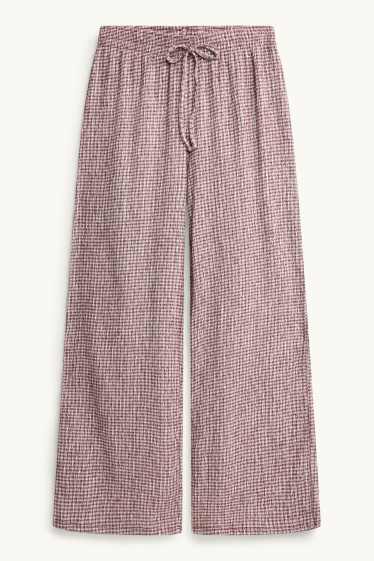 Donna - Pantaloni - vita media - gamba ampia - a quadretti - bordeaux / bianco