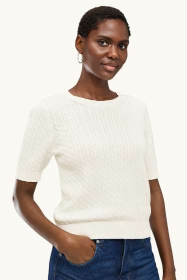 Damen - Strickpullover - kurzarm - Zopfmuster - cremeweiss