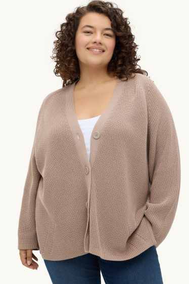 Women - Cardigan - ribbed - nougat coloured