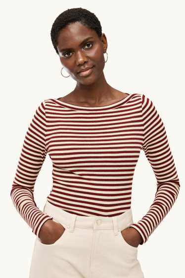 Dames - Longsleeve - regular fit - ribstof - gestreept - beige / bordeaux