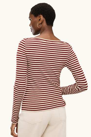 Dames - Longsleeve - regular fit - ribstof - gestreept - beige / bordeaux