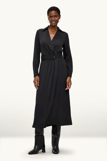 Damen - Satin-Wickelkleid mit Gürtel - Straight Fit - schwarz