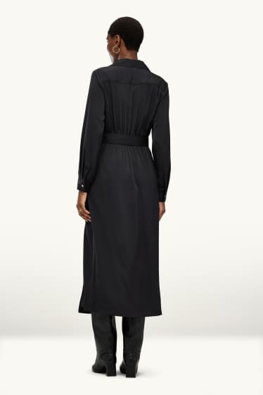 Damen - Satin-Wickelkleid mit Gürtel - Straight Fit - schwarz