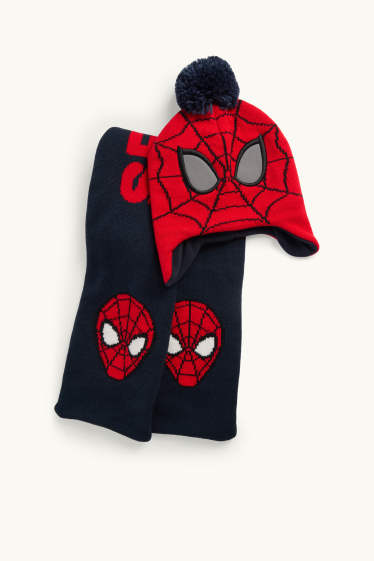 Enfants garçons - Spider-Man - ensemble - bonnet à pompons et écharpe en maille - 2 pièces - rouge / bleu foncé