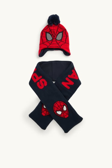 Enfants garçons - Spider-Man - ensemble - bonnet à pompons et écharpe en maille - 2 pièces - rouge / bleu foncé