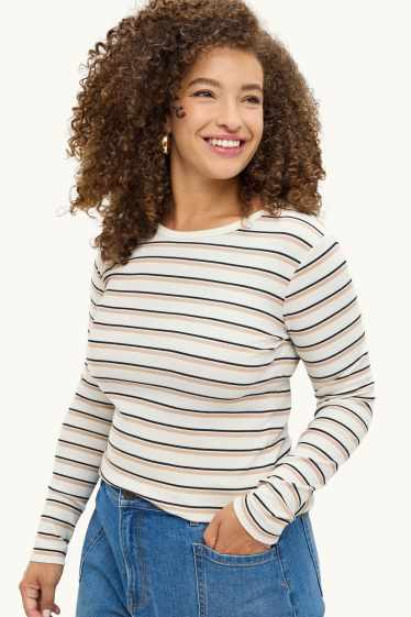 Femmes - Haut à manches longues - slim fit - finition côtelée - à rayures - crème