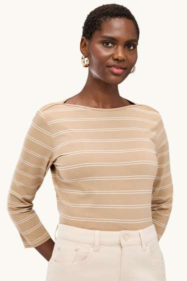 Femmes - Haut à manches longues - regular fit - à rayures - beige