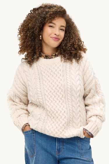 Damen - Pullover - Zopfmuster - cremefarben