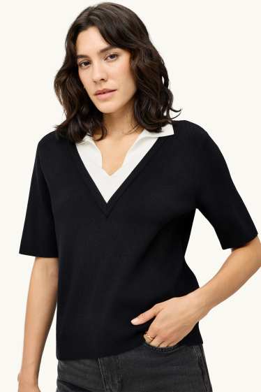 Femmes - Pull en maille - manches courtes - look 2-en-1 - noir / blanc