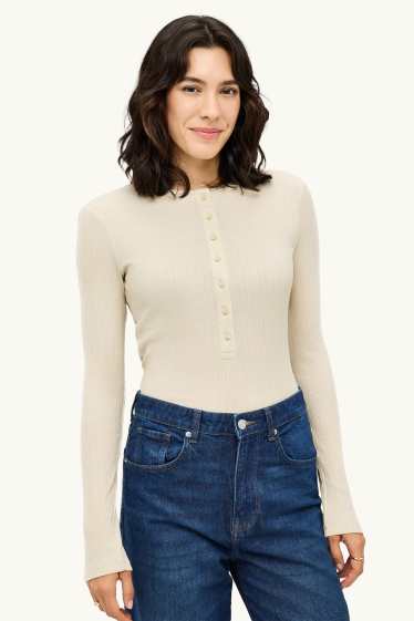 Women - Henley T-shirt - slim fit - ribbed - light beige