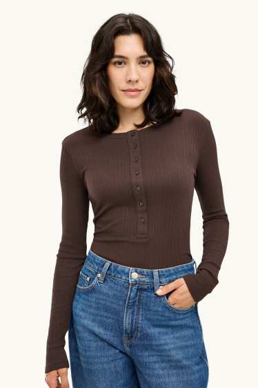 Dona - Samarreta d’estil henley - slim fit - acanalada - marró fosc