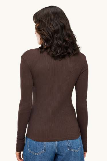 Dona - Samarreta d’estil henley - slim fit - acanalada - marró fosc