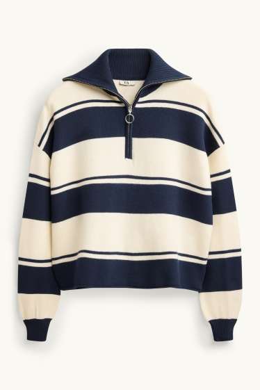 Dames - Trui - gestreept - donkerblauw / crème wit
