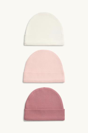 Bébés filles - Lot de 3 - bonnets bébé - côtelés - blanc / rose