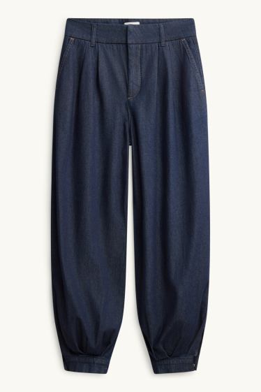 Dames - Denim harembroek - mid waist - barrel leg - jeansdonkerblauw