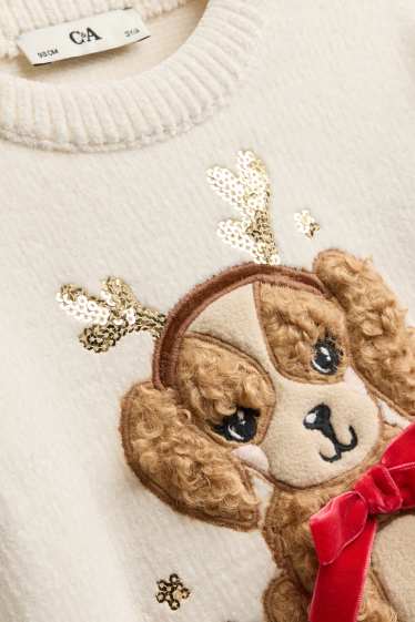 Kinder Mädchen - Hund - Weihnachtspullover - Glanz-Effekt - cremeweiß