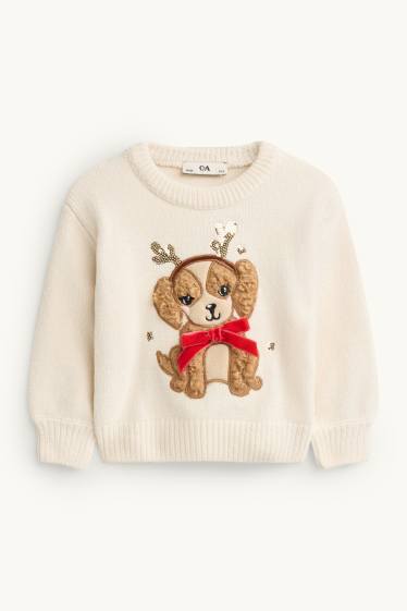 Kinder Mädchen - Hund - Weihnachtspullover - Glanz-Effekt - cremeweiß