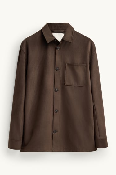 Uomo - Giacca camicia - relaxed fit - colletto all'italiana - similpelle scamosciata - marrone