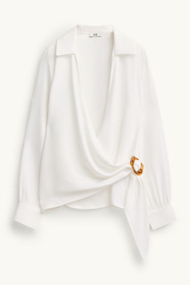 Dames - Satijnen wikkelblouse met geknoopt detail - wit