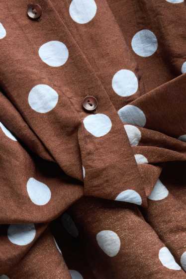Dames - Overhemdblouse met drapering - met stippen - bruin / blauw