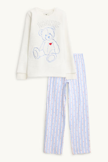 Kinder Mädchen - Teddybär - Pyjama - 2 teilig - weiß / blau