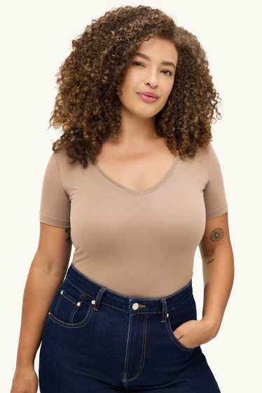 Donna - T-shirt scollo a V - slim fit - marrone chiaro