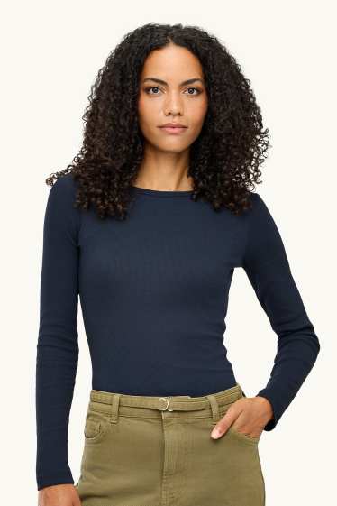 Femmes - Haut à manches longues - slim fit - finition côtelée - bleu foncé