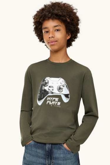 Enfants garçons - Lot de 2 - manette de jeux vidéo - haut à manches longues - vert foncé / blanc crème