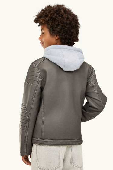 Enfants garçons - Blouson motard avec capuche - matière synthétique - gris