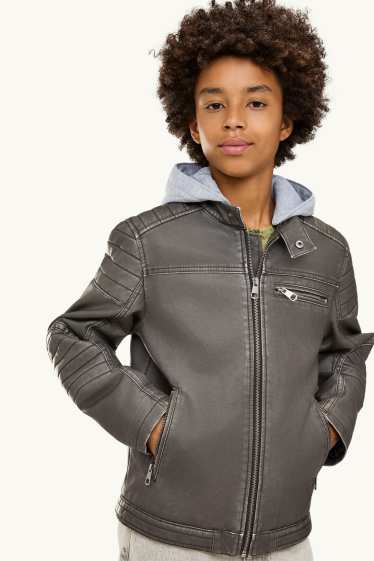 Enfants garçons - Blouson motard avec capuche - matière synthétique - gris