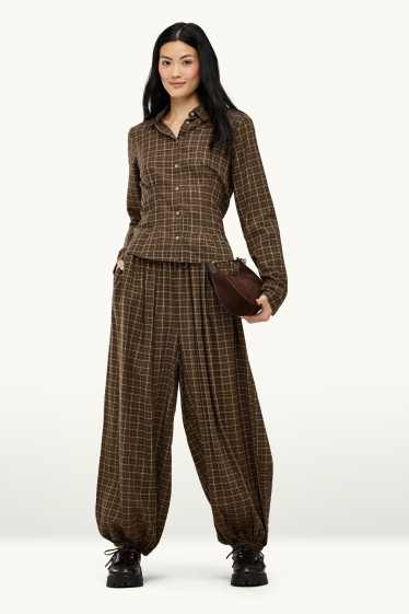 Dona - Pantalons orientals - mid waist - barrel leg - de quadres - marró/beix