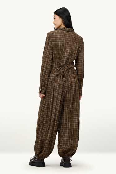 Dona - Pantalons orientals - mid waist - barrel leg - de quadres - marró/beix
