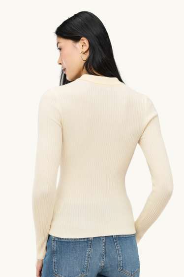 Femmes - Polo à manches longues - slim fit - finition côtelée - blanc crème