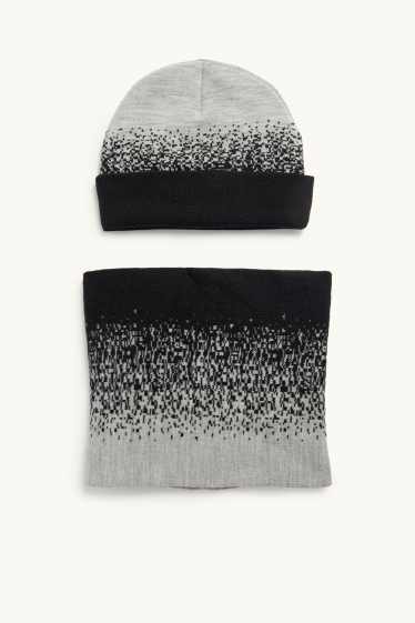 Kinder Buben - Set - Beanie und Loop Schal - 2 teilig - gemustert - schwarz / grau