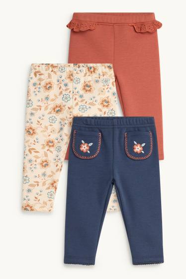 Neonate - Confezione da 3 - fiorellini - leggings per neonate - con fodera in pelo - arancione / blu