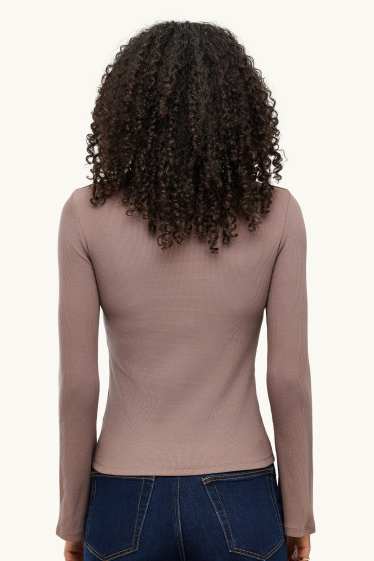 Dames - Longsleeve - slim fit - geribd - taupe