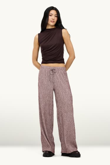 Donna - Pantaloni - vita media - gamba ampia - a quadretti - bordeaux / bianco