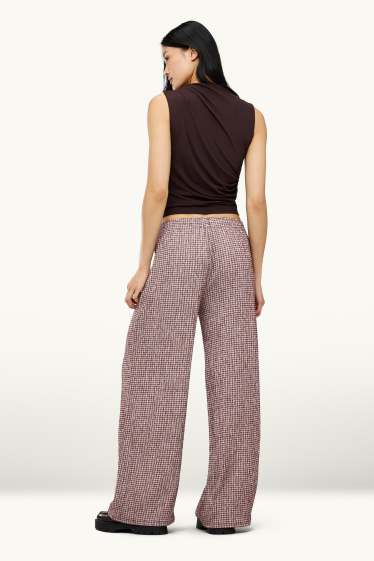 Donna - Pantaloni - vita media - gamba ampia - a quadretti - bordeaux / bianco