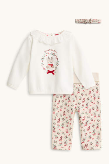 Baby Mädchen - Rentier - Baby-Weihnachts-Outfit - plüschgefüttert - 3 teilig - cremeweiss