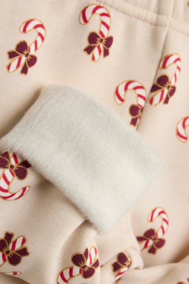 Neonate - Bastoncino di zucchero - leggings natalizi per neonati - foderati di pelo - crema