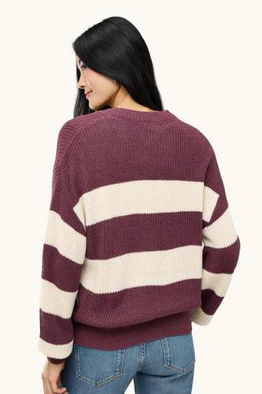 Damen - Pullover - gerippt - gestreift - beige / bordeaux