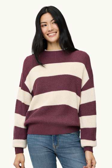 Damen - Pullover - gerippt - gestreift - beige / bordeaux
