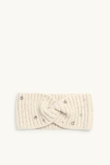 Donna - Fascetta per la fronte con strass, perle e nodo - bianco crema