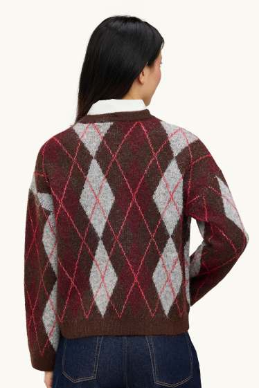 Damen - Set - Pullover und Blusenkragen - 2 teilig - kariert - grau / braun