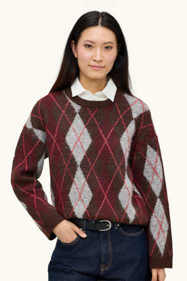 Damen - Set - Pullover und Blusenkragen - 2 teilig - kariert - grau / braun