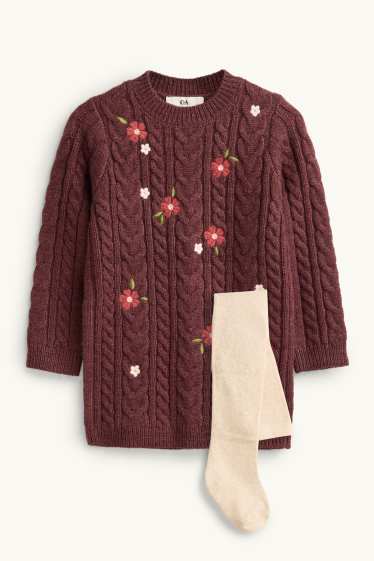 Children Girls - Floral - set - knitted dress and tights - 2 piece - beige / bordeaux