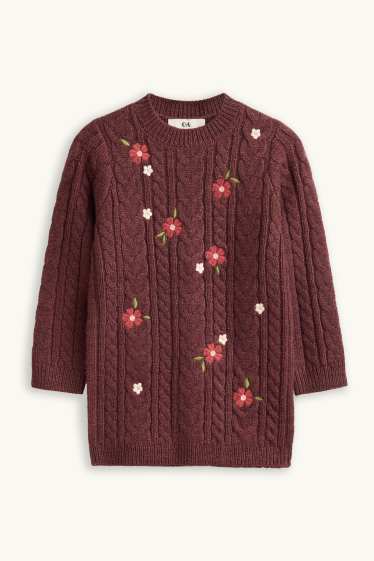 Children Girls - Floral - set - knitted dress and tights - 2 piece - beige / bordeaux